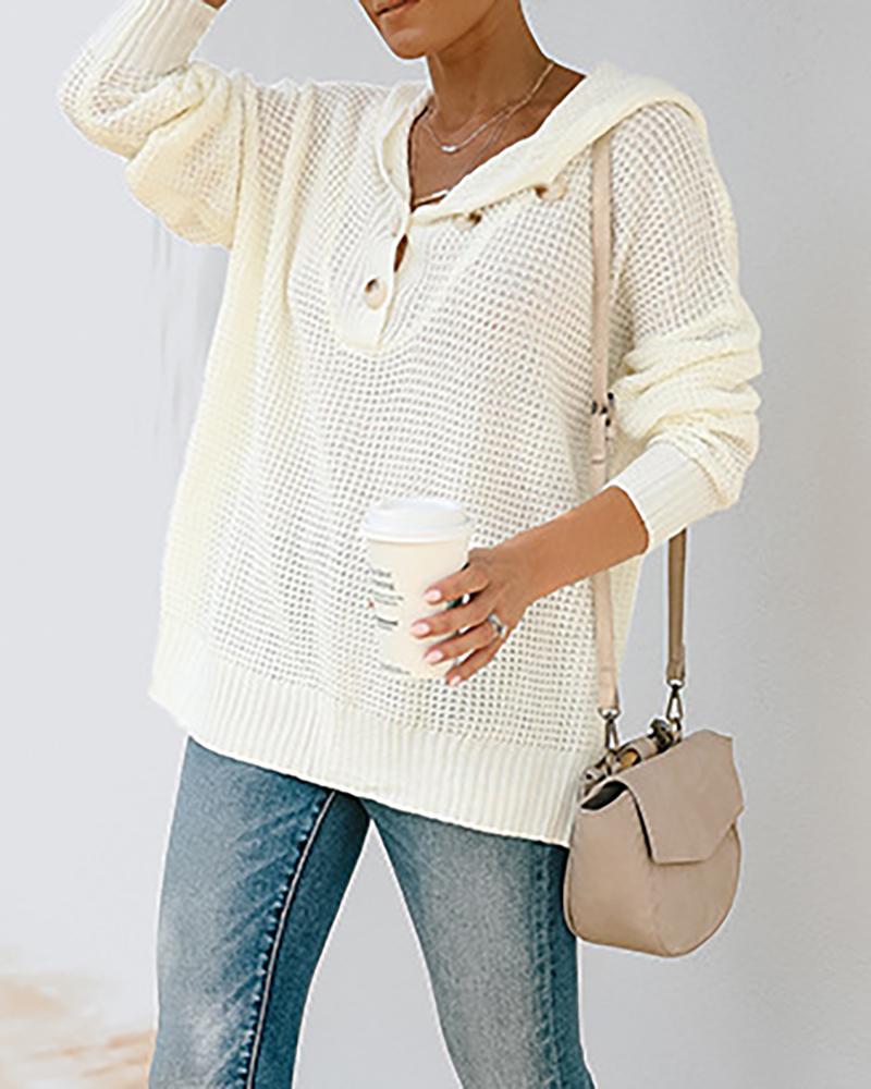 

Buttoned Long Sleeve Knit Hooded Sweater, White