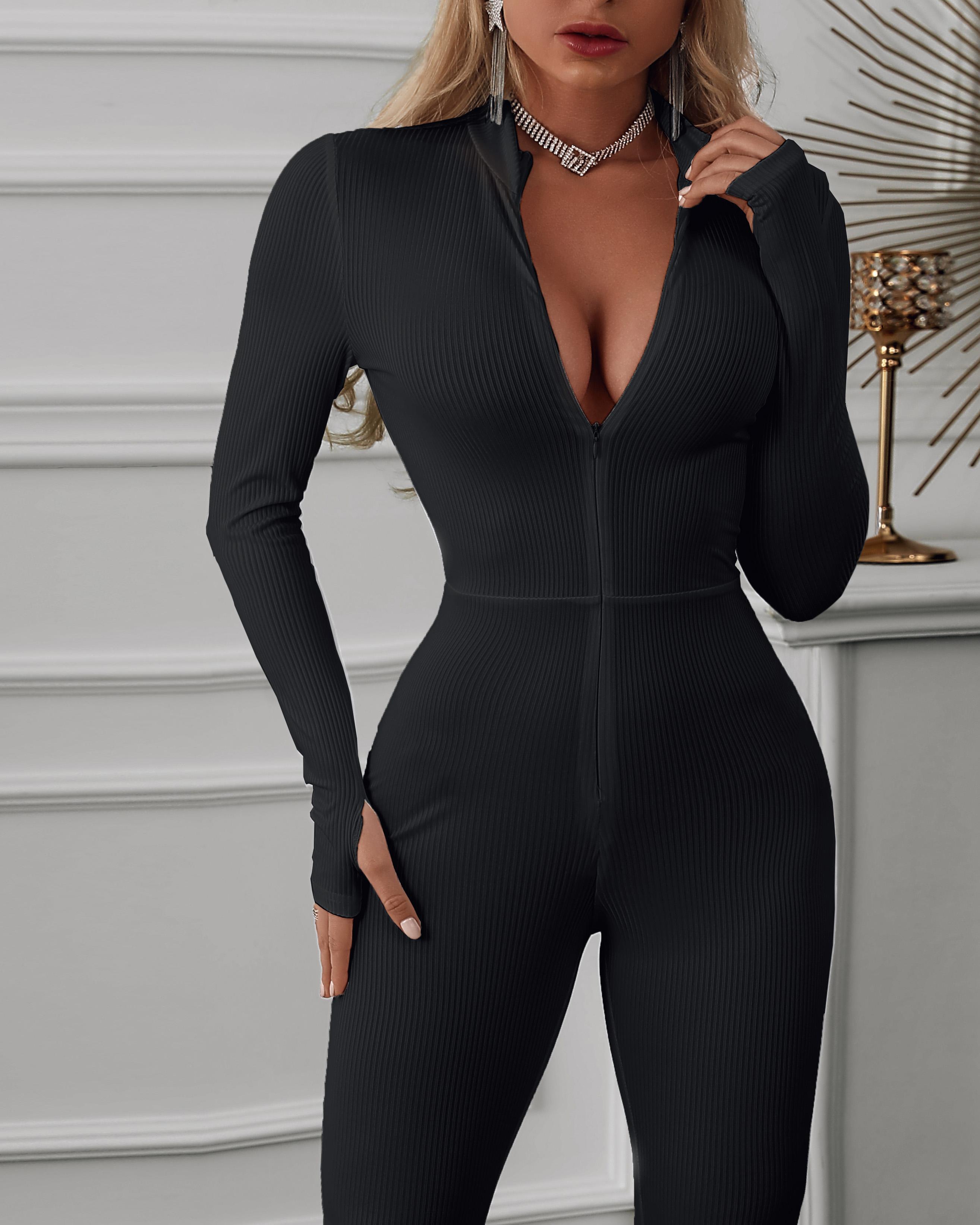 

Rib Knit Zip Front Jumpsuit, Black