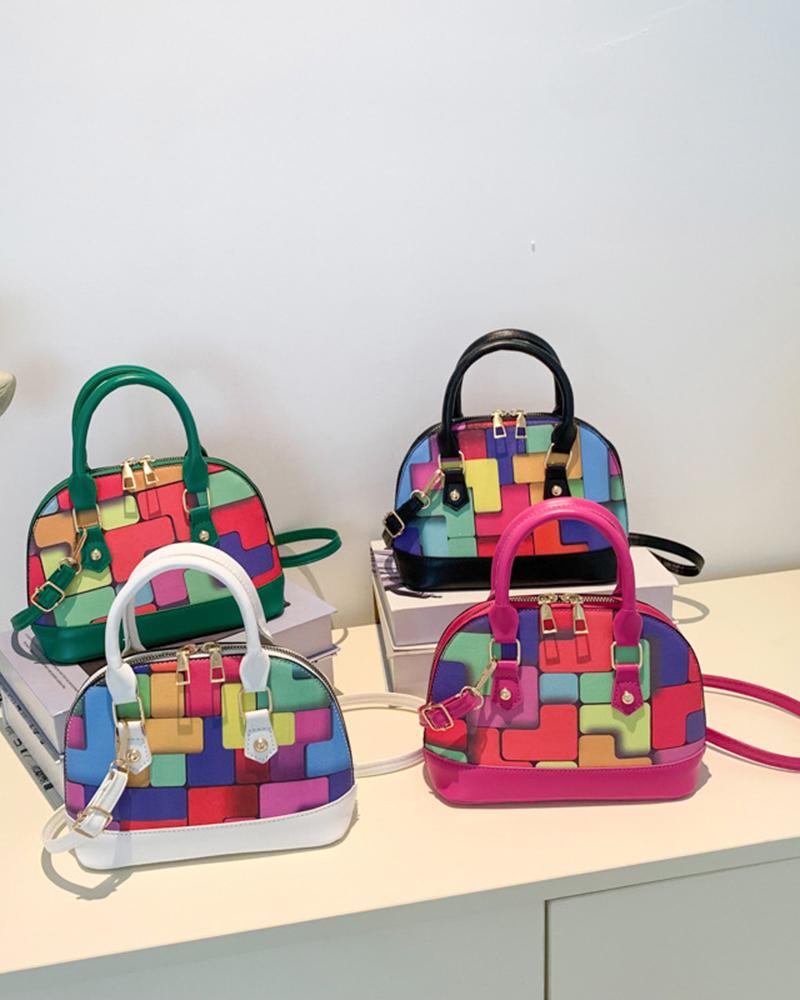 

Geometric Print Colorblock Top Handle Satchel Bag, Green