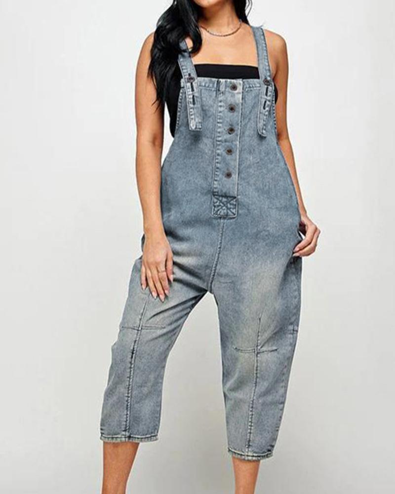 

Denim Pocket Design Buttoned Suspender Jumpsuit, Blue