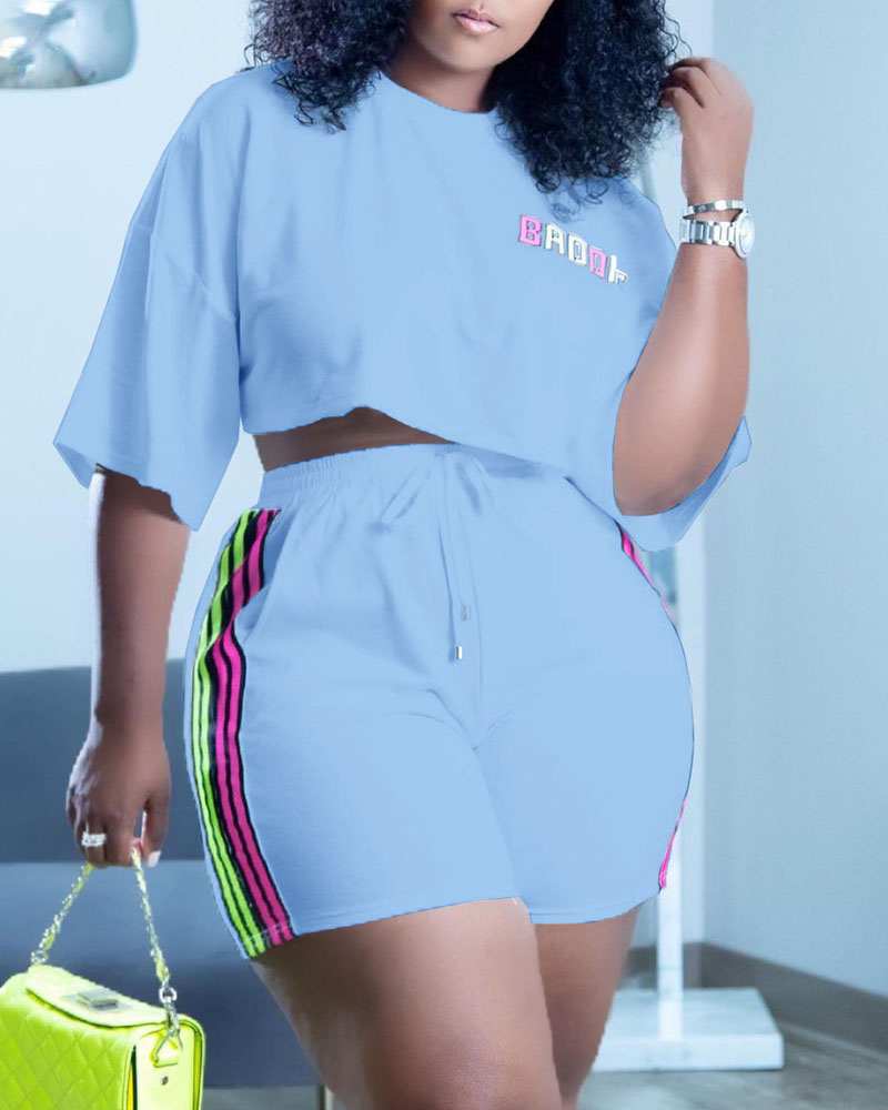 

Plus Size Letter Print Crop Top & Drawstring Shorts Set, Blue