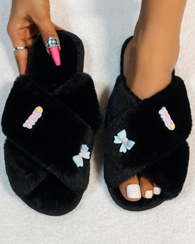 

Bowknot Pattern Cross Strap Fuzzy Slippers, Black