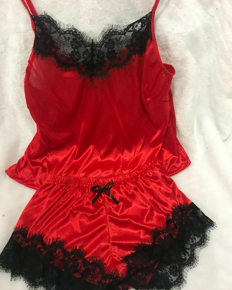 

Lace Trim Pajama Set, Red