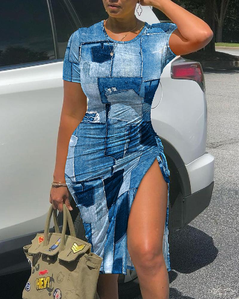 

Denim Look Print Drawstring High Slit Dress, Blue