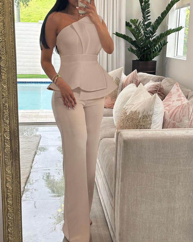 

One Shoulder Ruched Top & Straight Leg Pants Set, Apricot