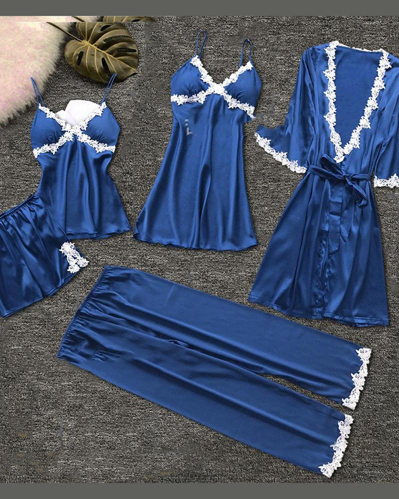 

Eyelash Lace Cami & Robe 5PCS Set, Dark blue