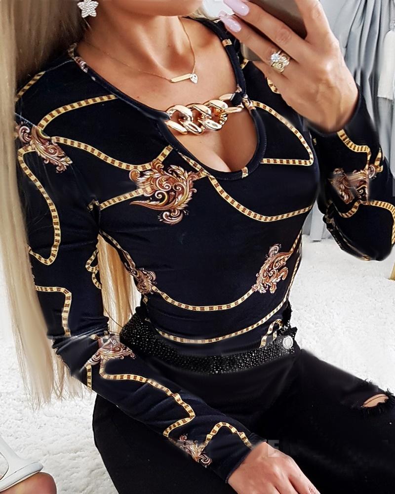 

Scarf Print Chain Decor Long Sleeve Top, Black