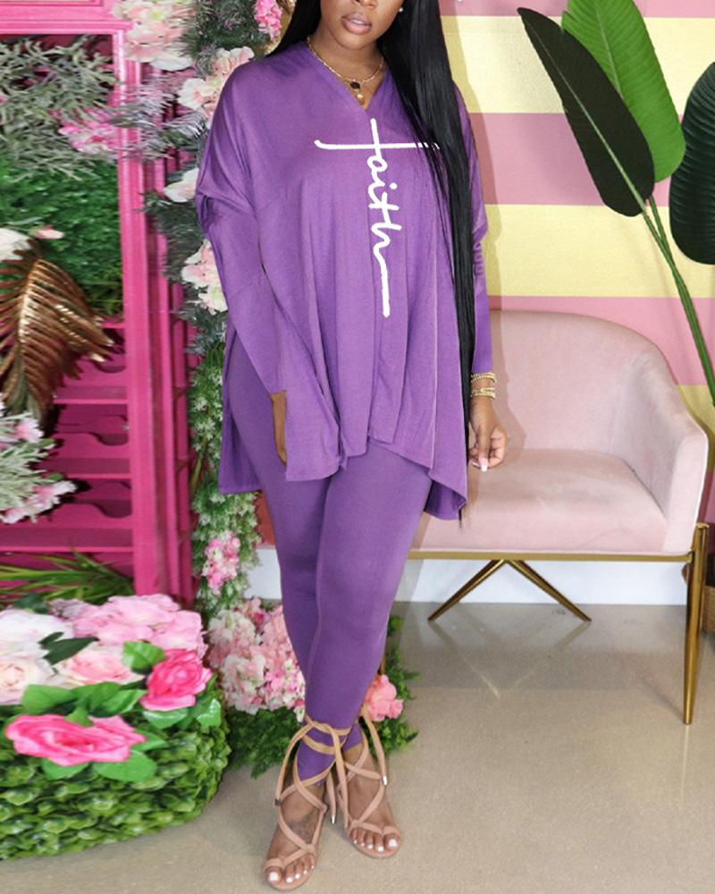 

Letter Print Long Sleeve Split Hem Top & Skinny Pants Set, Purple