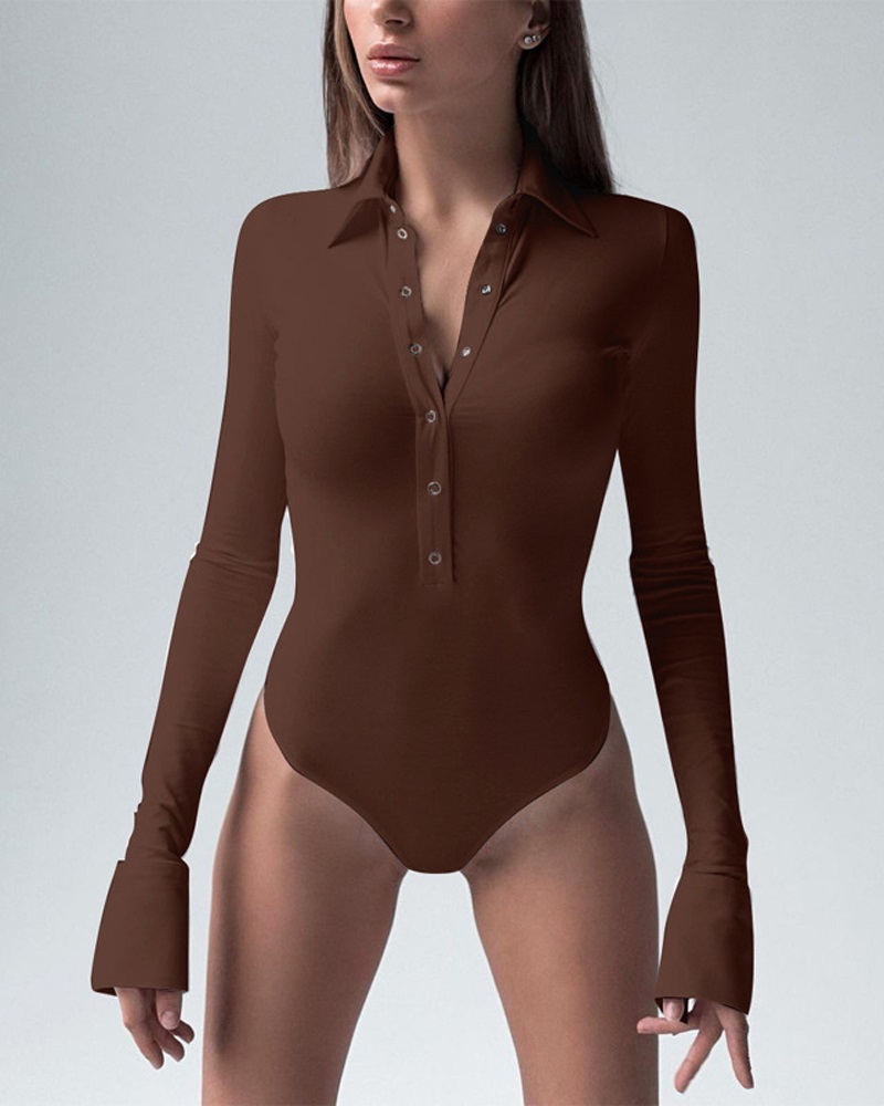 

Long Sleeve Button Detail Skinny Bodysuit, Coffee