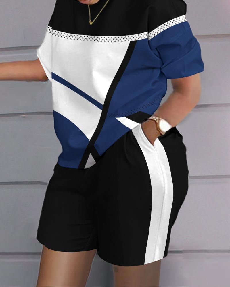 Plus Size Geometric Print Casual Top & Shorts Set