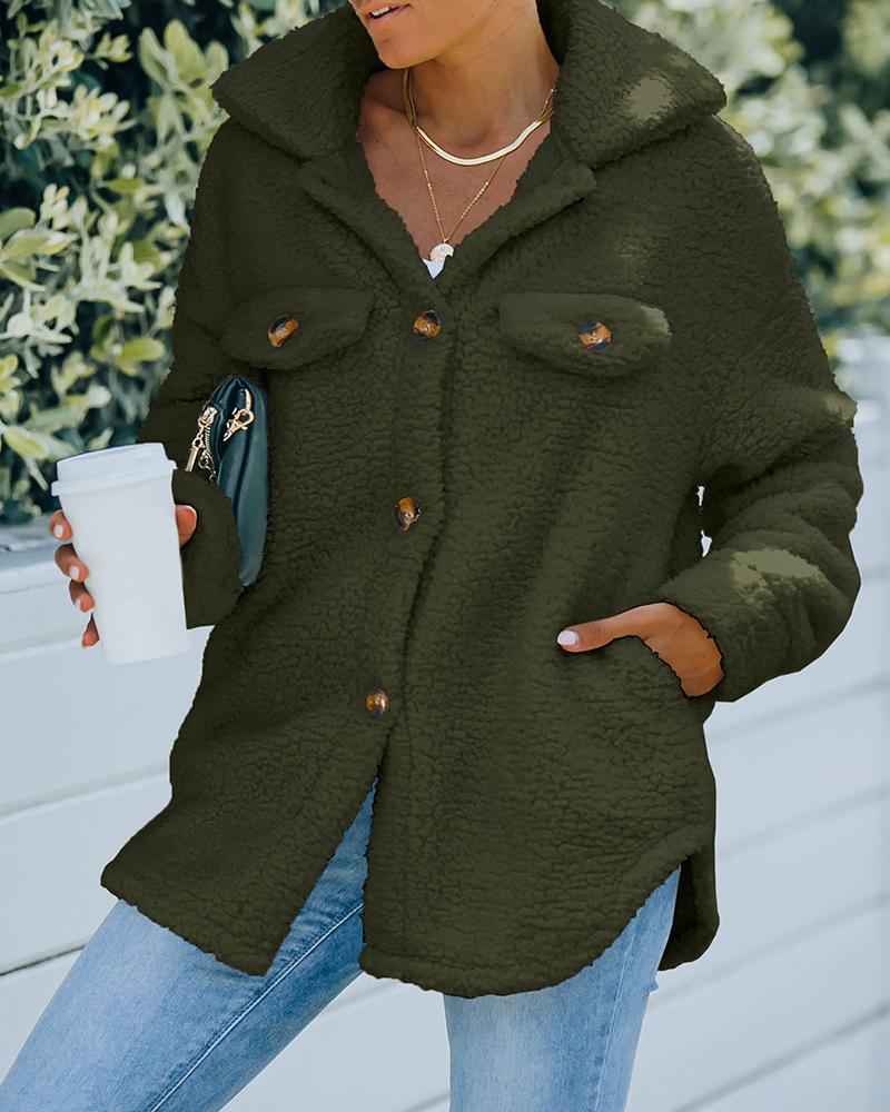 

Pocket Button Design Long Sleeve Fluffy Coat, Army green