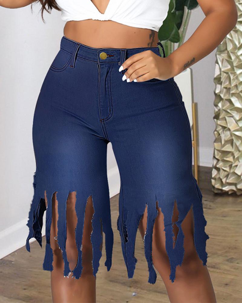 

High Waist Tassel Trim Jeans, Dark blue