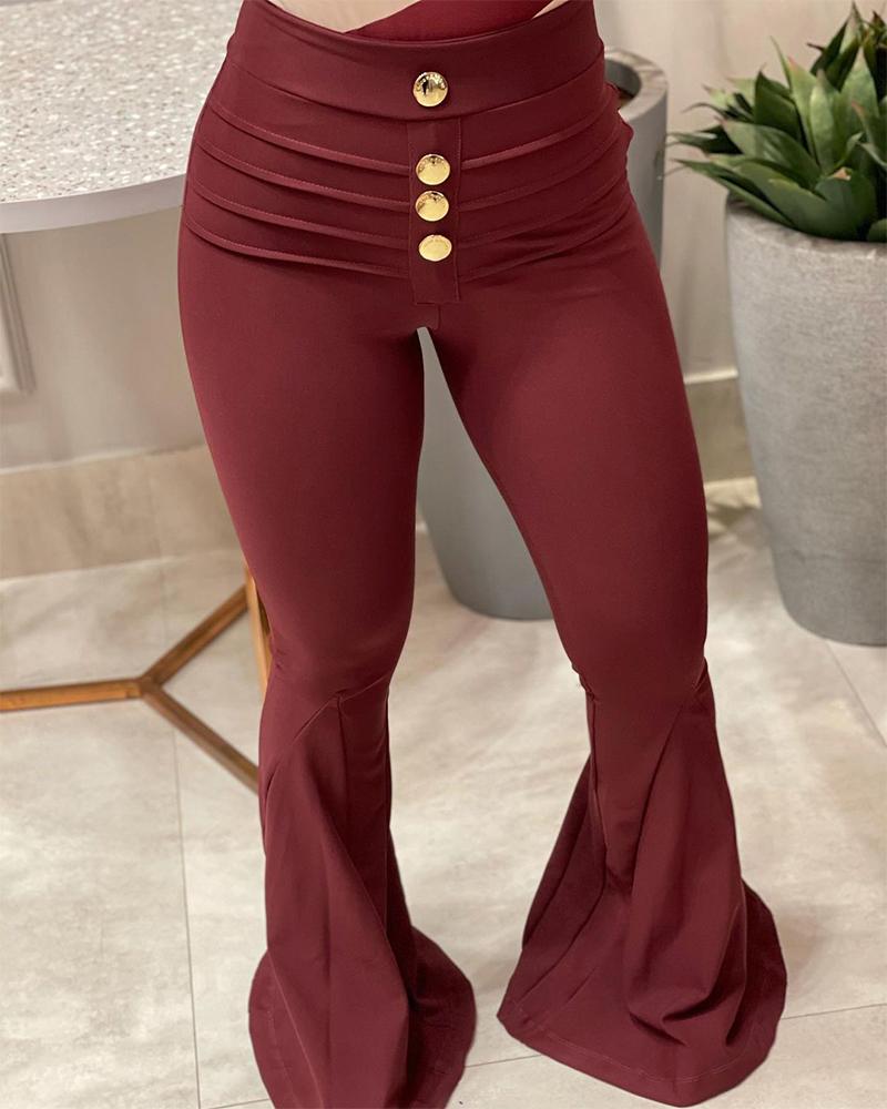 

Button Decor Flare Leg Skinny Pants, Wine red