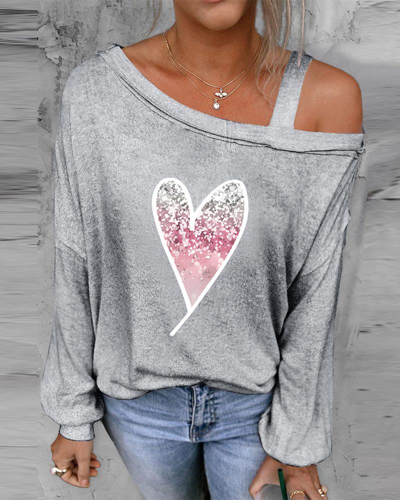 Plus Size Heart Print Cold Shoulder Top