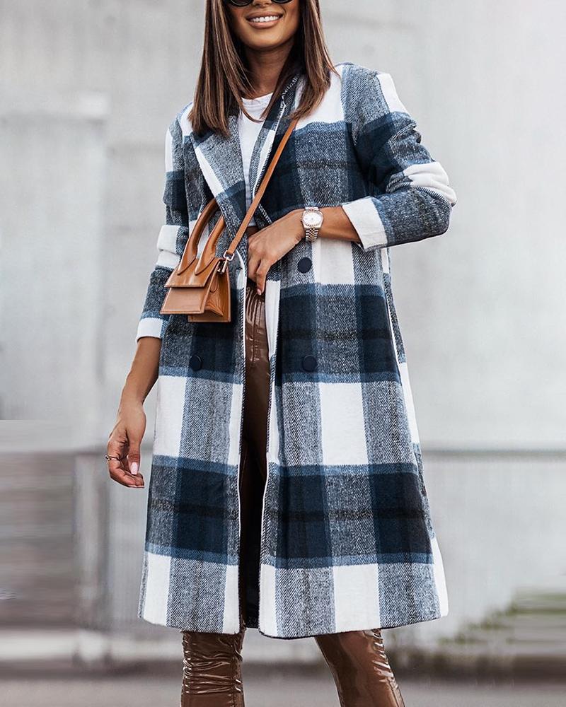 

Plaid Print Buttoned Trench Coat, Blue