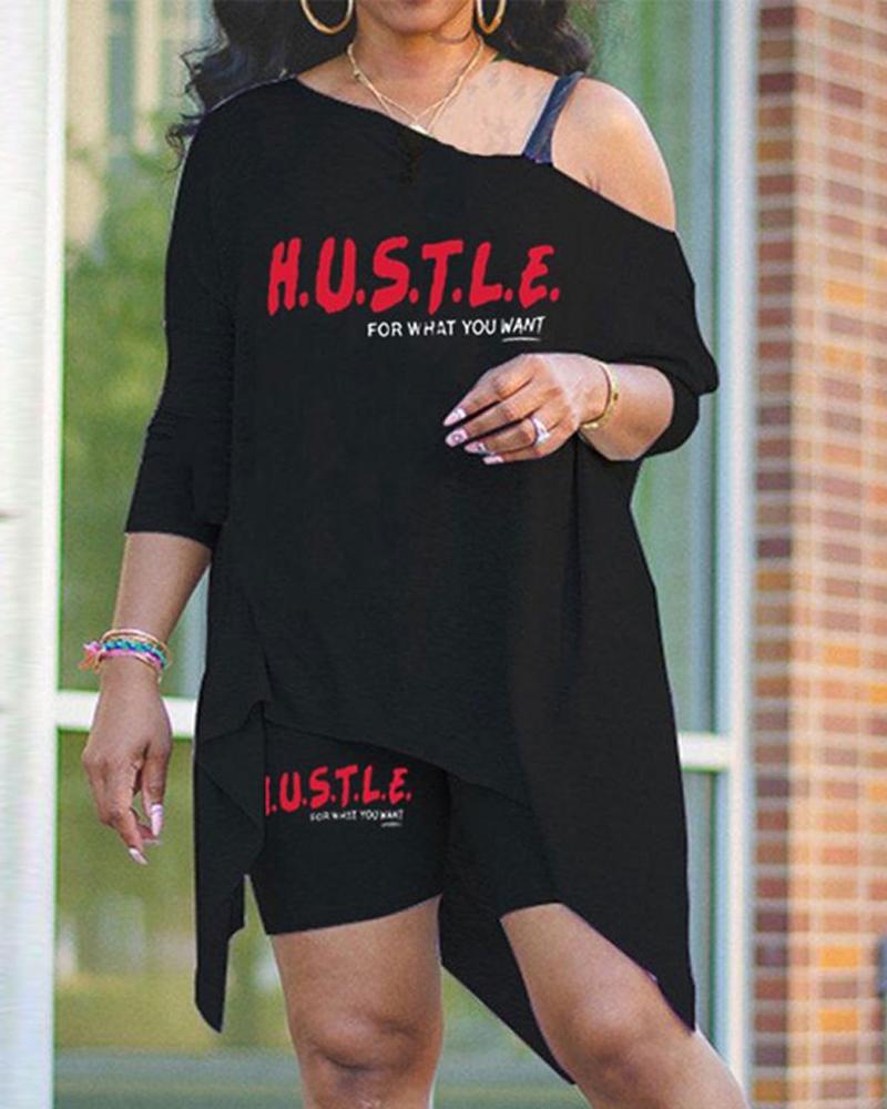 

Plus Size Letter Print Asymmetrical Top & Shorts Set, Black&red