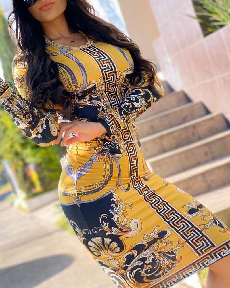 

Geometric Baroque Print O-Neck Bodycon Dress, Yellow