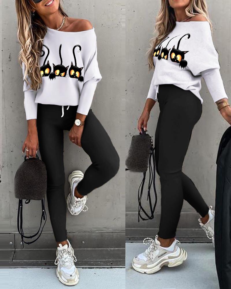 

Halloween Cat Print Top & Drawstring Pants Set, White