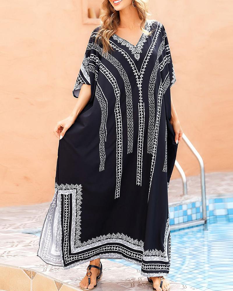 

Tribal Print Slit Beach Cover Up Dress, Black