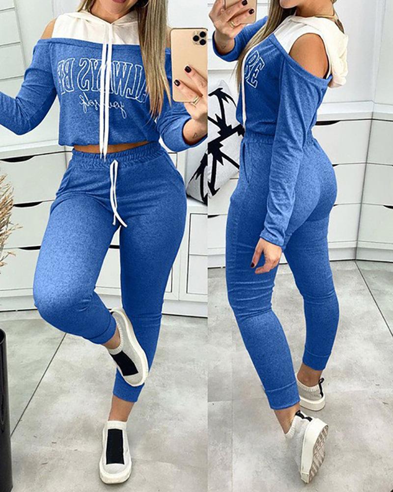 

Cold Shoulder Colorblock Letter Print Hooded Top & Drawstring Pants Set, Blue