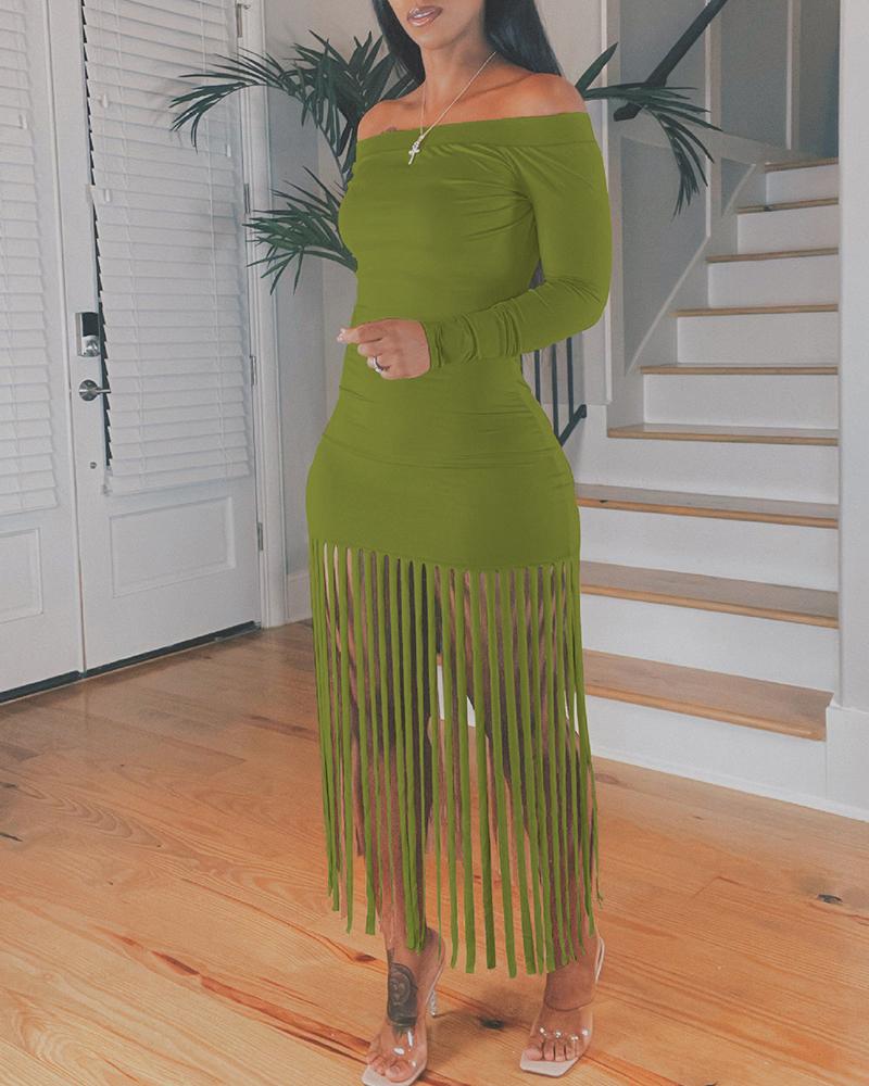 

Off Shoulder Tassel Design Casual Dress, Green