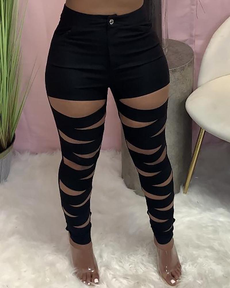 

Cutout Single Button High Waisted Skinny Pants, Black