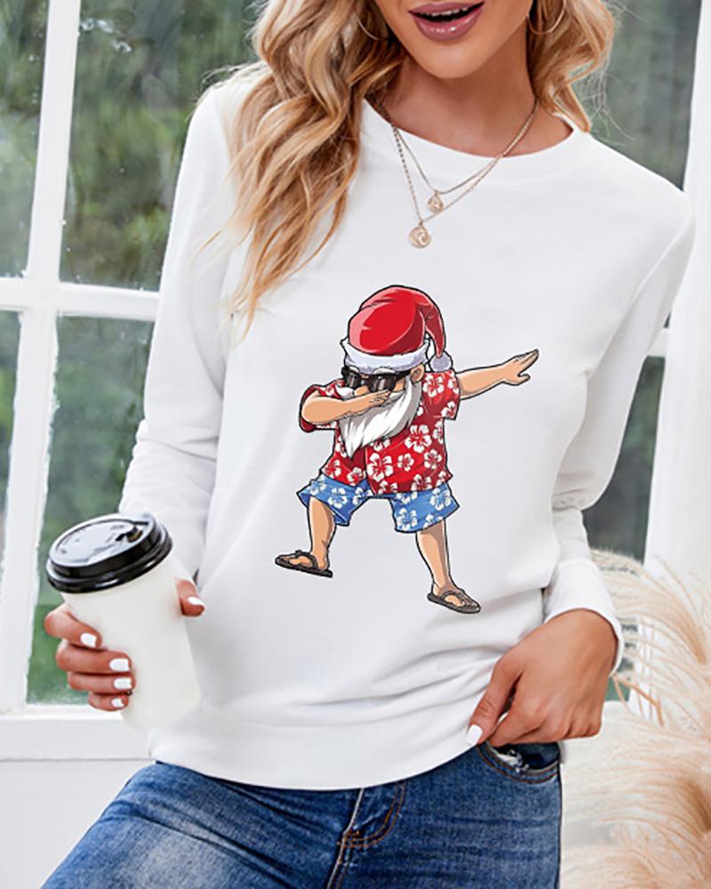 

Christmas Long Sleeve Santa Print Casual Top, White