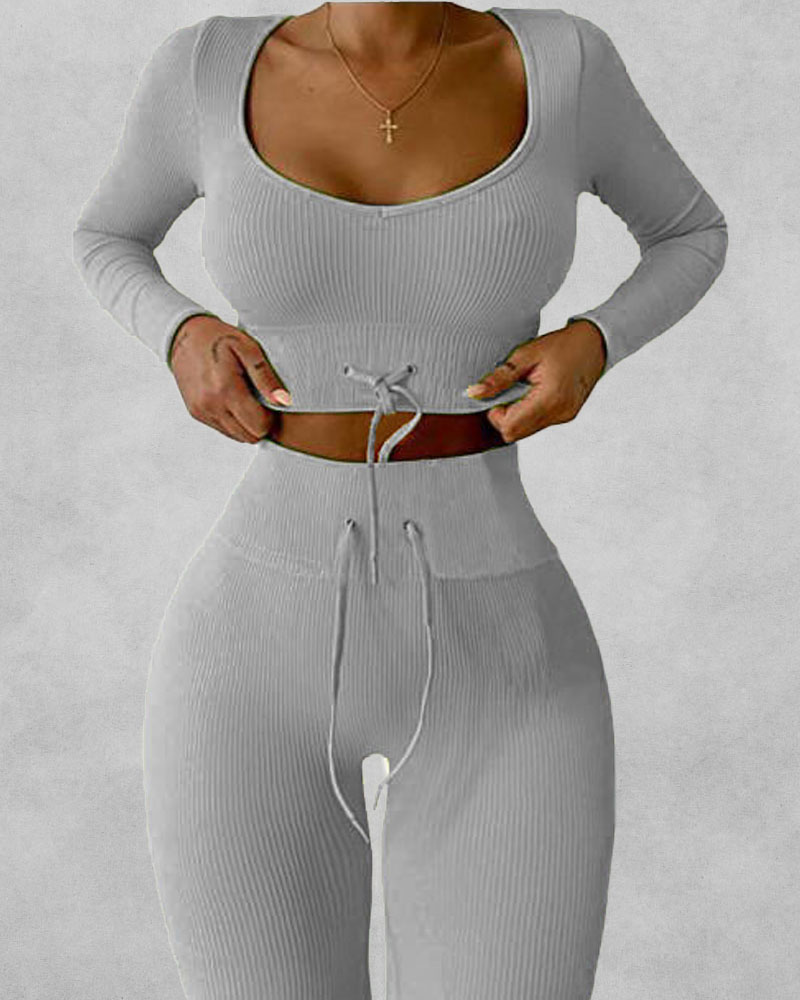 

Long Sleeve Crop Sports Tee With Drawstring Yoga Leggings, Gray