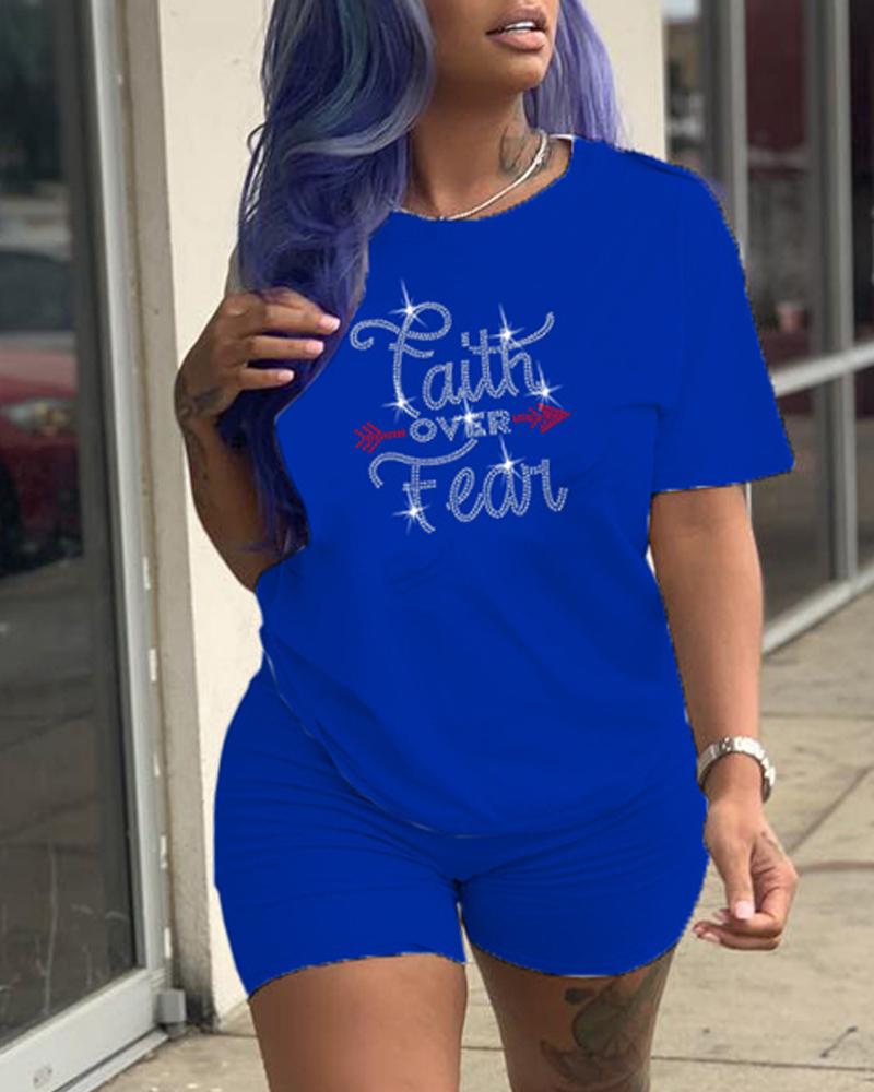 

Rhinestone Letter Pattern Casual Top & Shorts Set, Blue