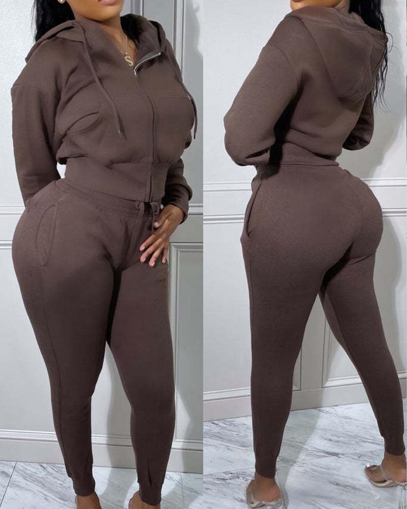 

Long Sleeve Hooded Zip Up Top & Drawstring Pants Set, Coffee