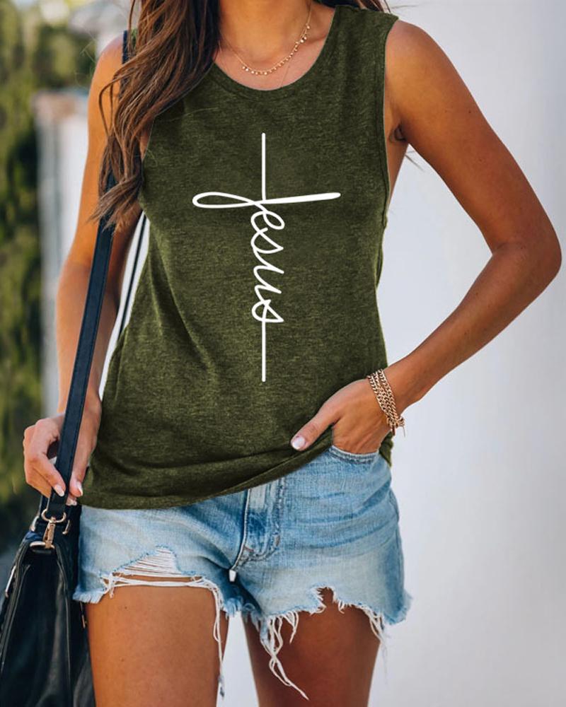 

Letter Cross Print Casual Tank Top, Army green