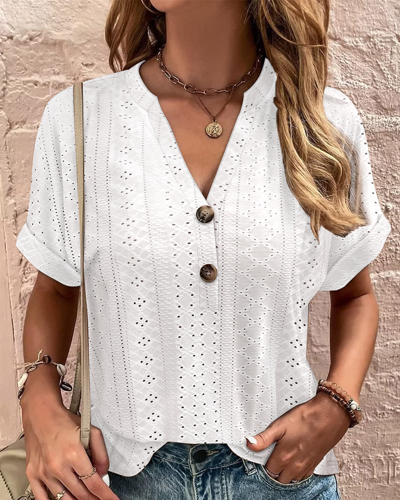 

Eyelet Embroidery Buttoned Casual T-shirt, White