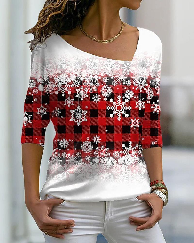 

Christmas Snowflake Plaid Print Casual Top, Red