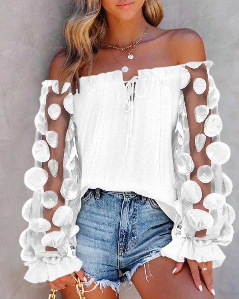 

Floral Pattern Sheer Mesh Patch Frill Hem Top, White