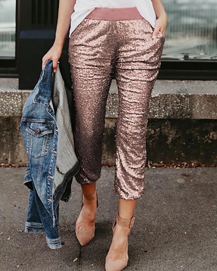 

Fashion Glittering Sequin Ninth Pants, Rose gold
