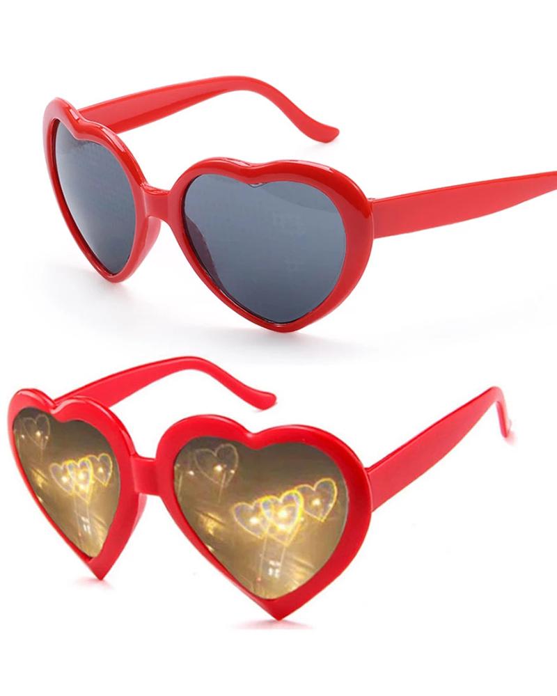 

1Pair Heart Shaped Effects Glasses Light Changing At Night Diffraction Glasses Fashion Sunglasses, Red