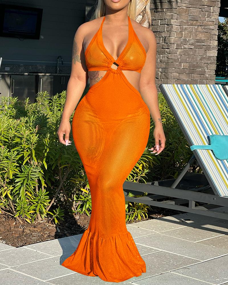 

O-Ring Halter Backless Sheer Mesh Mermaid Dress, Orange