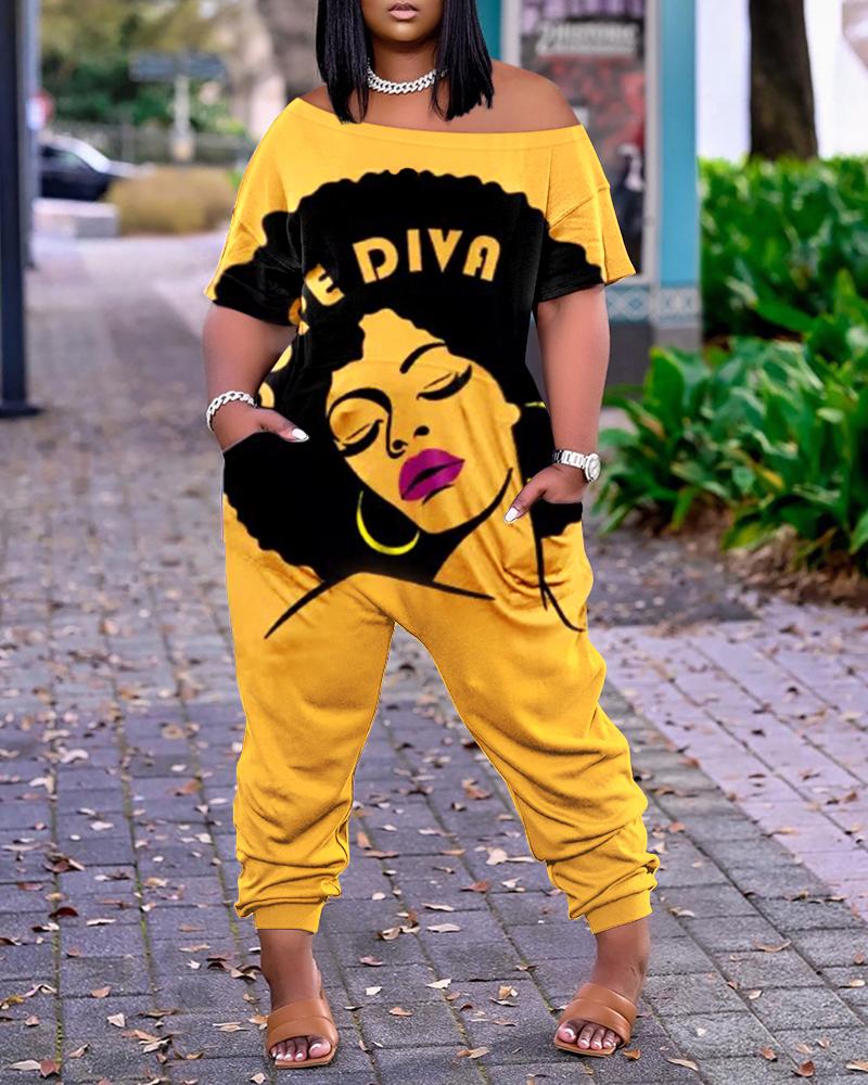 

Figure Print Off Shoulder Pocket Detail Jumpsuit, Yellow