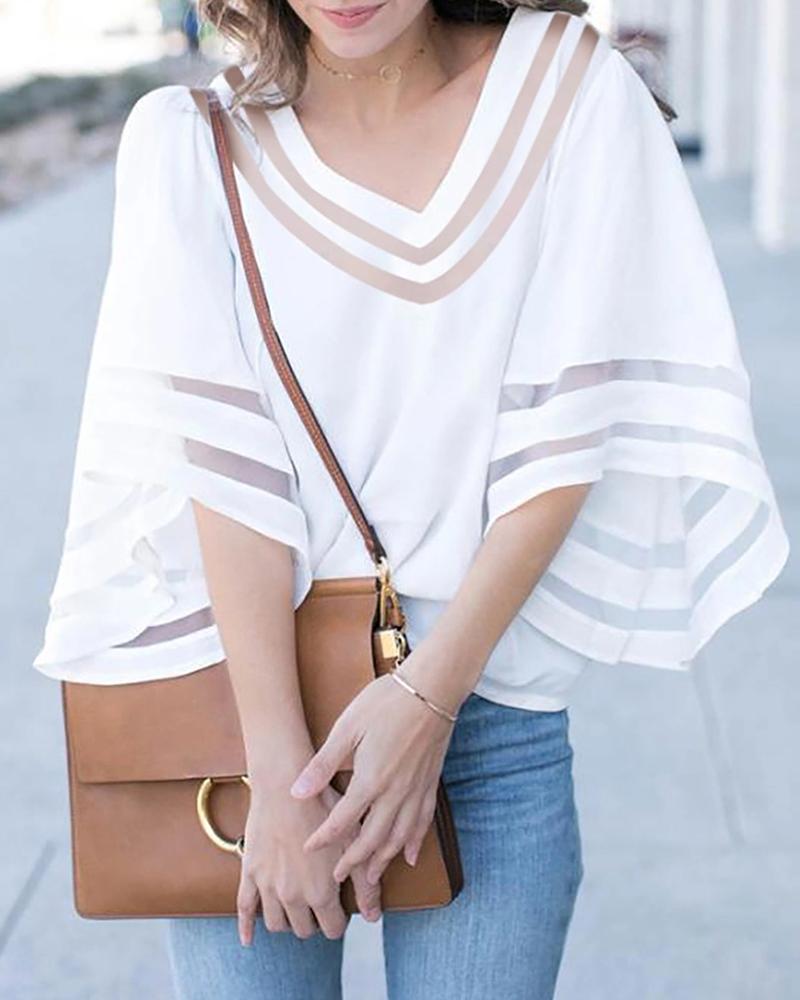 

Solid Hollow Out Bell Sleeve V-Neck Women Blouse, White