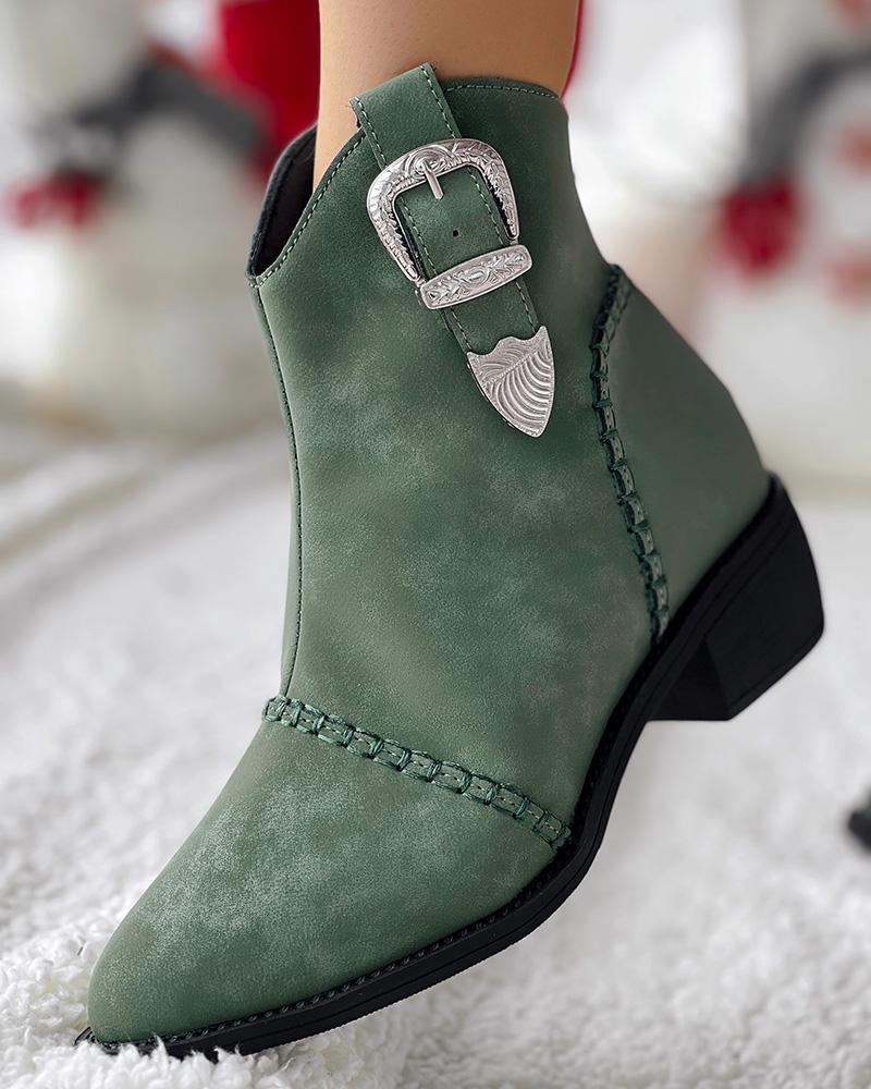 

Buckled Chunky Heel Vintage Cowboy Style Ankle Boots, Green