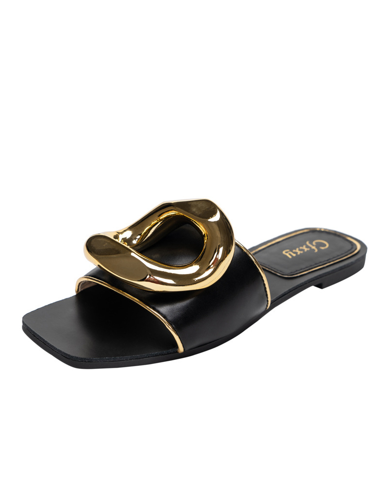 

Square Toe With Round Buckle Flat slippers, Black