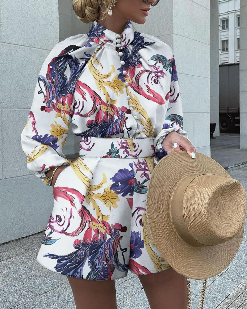 

All Over Print Button Decor Long Sleeve Top & Solid Shorts Set, Multicolor