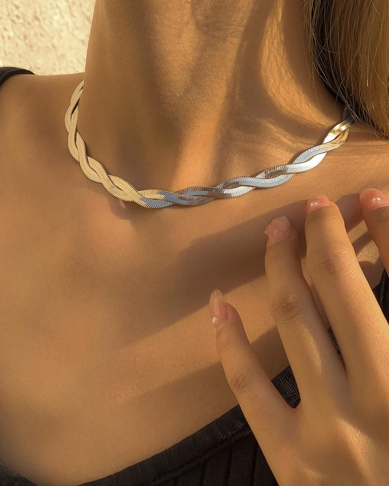 

1pc Twisted Herringbone Braided Chain Necklace, Silver