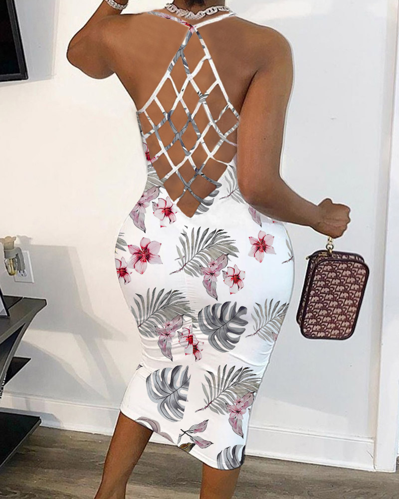 

Floral Print Cross Net Backless Sleeveless Bodycon Dress, White