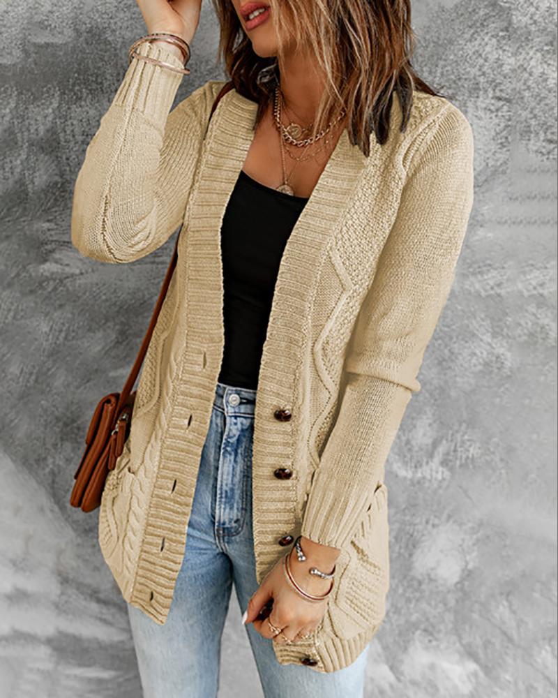 

Pocket Button Design Long Sleeve Braided Knit Cardigan, Beige