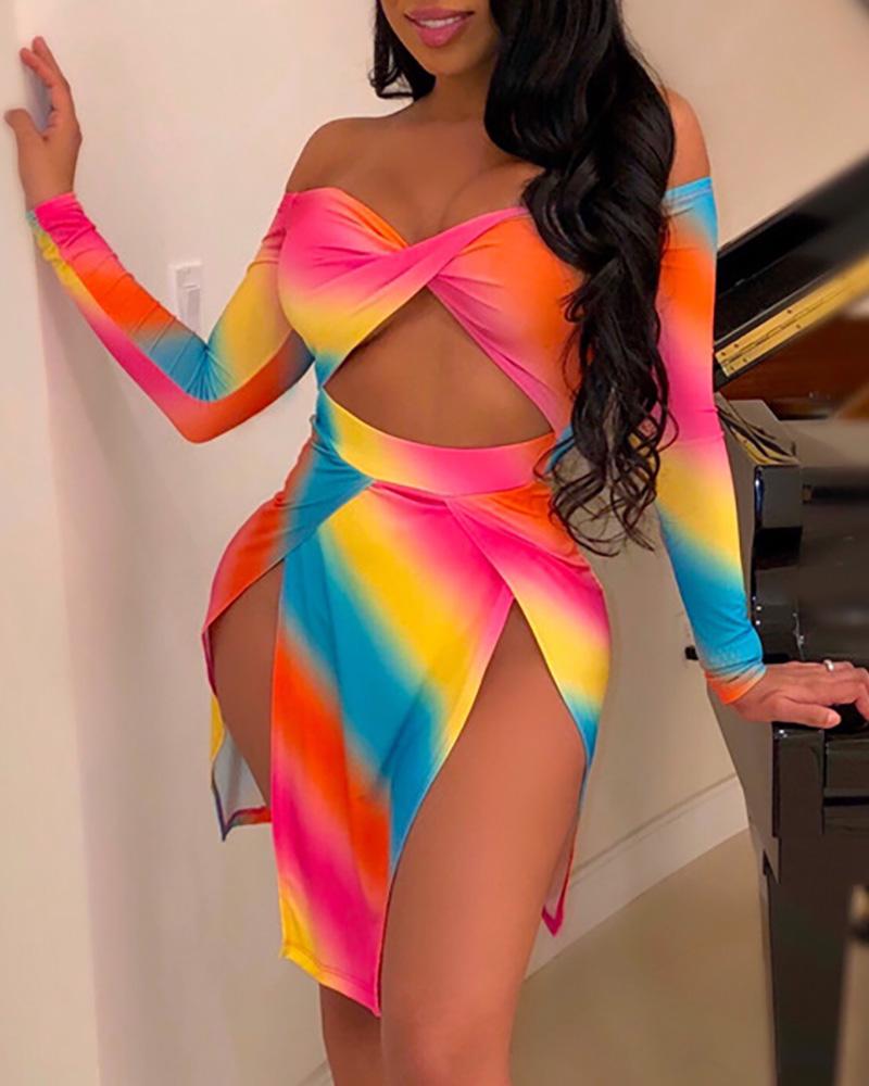 

Colorful Rainbow Cutout Slit Dress, Multicolor
