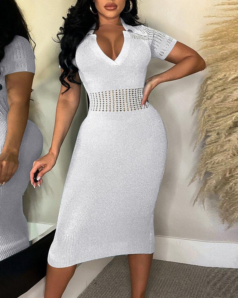 

Hollow Out Turn Down Collar Midi Dress, White