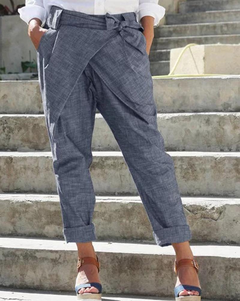 

Solid Bow Cigarette Long Pants, Gray