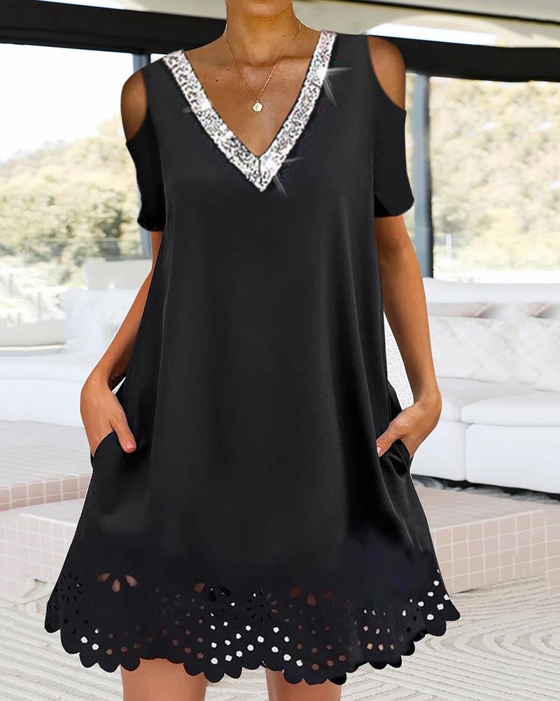 

Tape Patch Cold Shoulder Casual Dress, Black