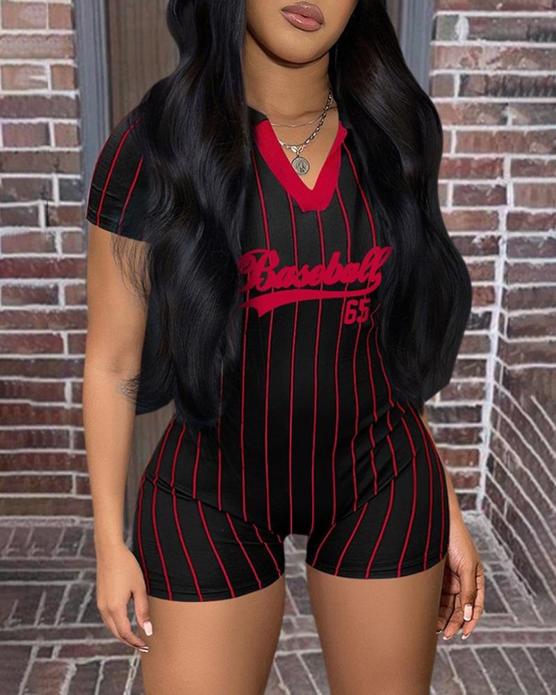 

Striped Letter Baseball Print Casual Romper, Black